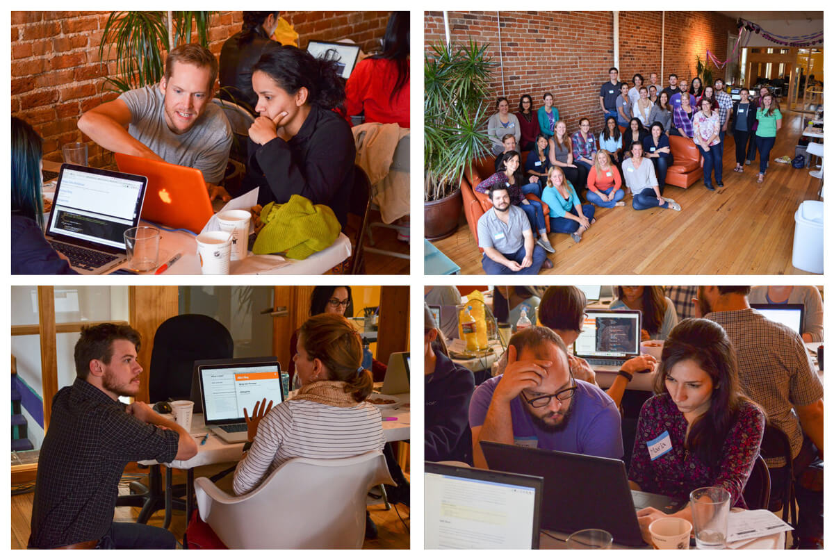 Photo collage: The Fusionbox team at a development workshop.